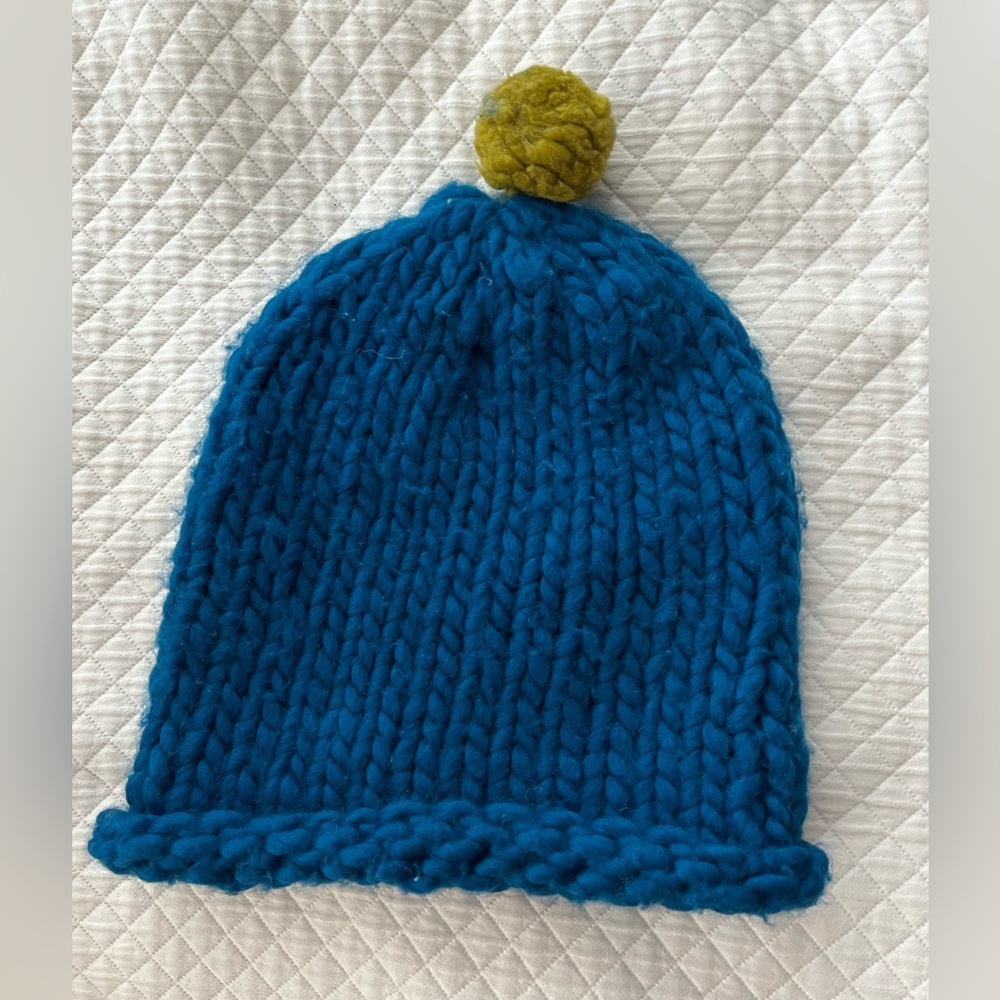 Blue wool Knit Beanie with Yellow Pom